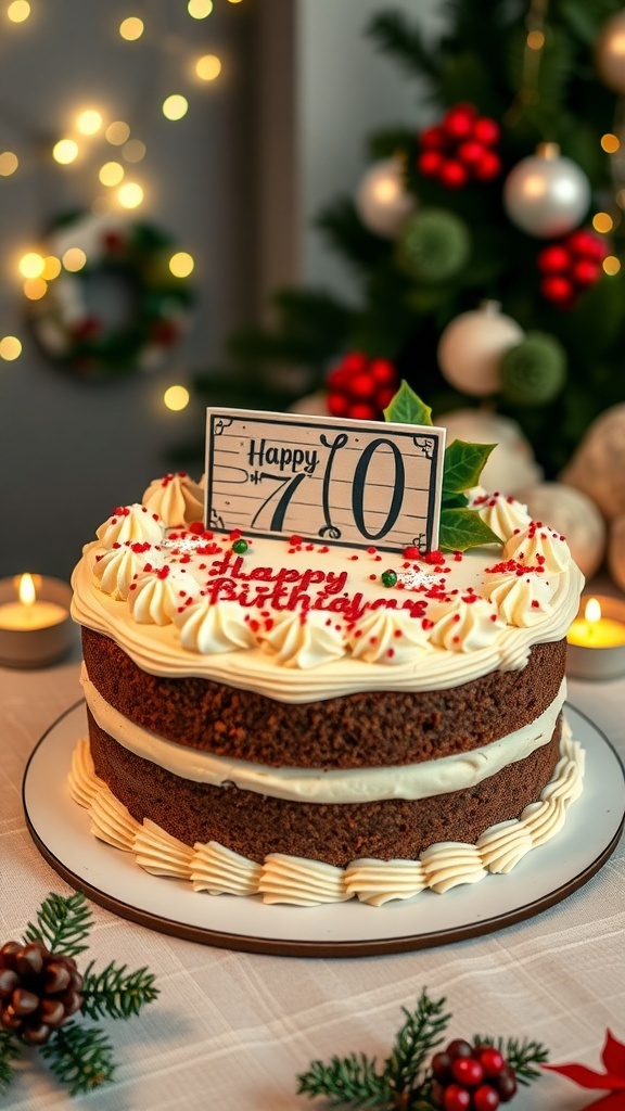 A festive 70th birthday cake decorated for Christmas with buttercream, sprinkles, and holiday-themed decorations.